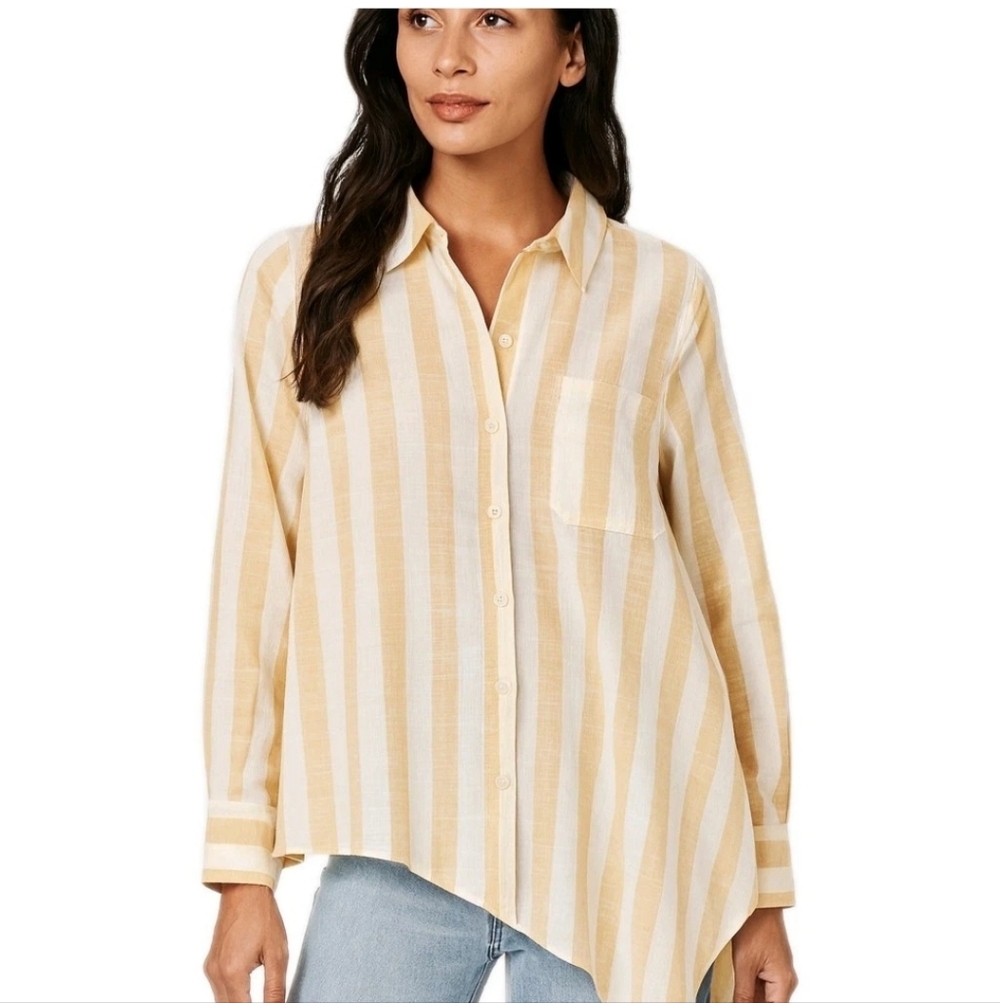 NWT Anthropologie Mystree Womens Button Coastal Assemetrical, Stripe Oversized S